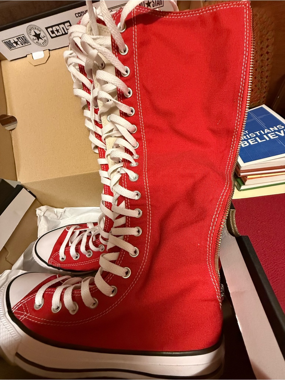 Converse Red Knee-High Lace-Up Canvas Boots with White Laces